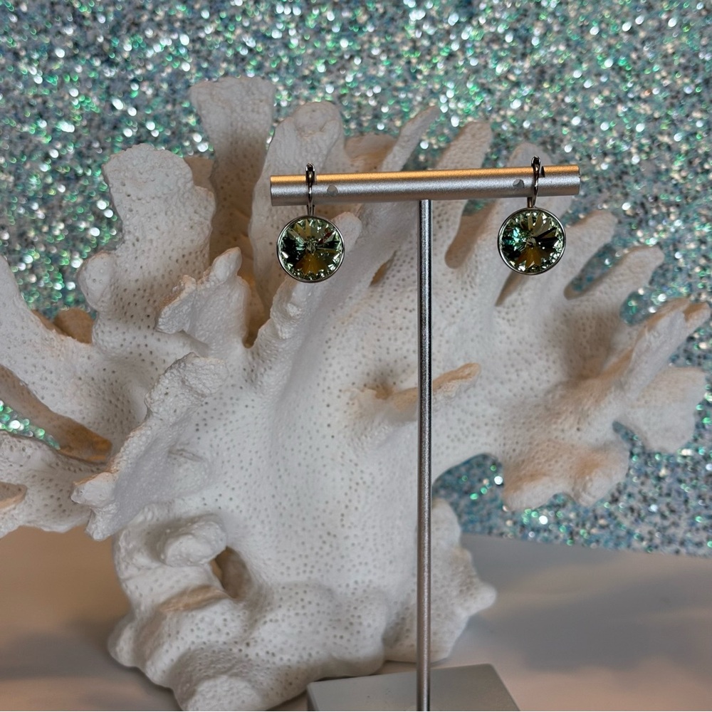 Light Lime Green Small Bella-Style Swarovski Crystal Rhodium Leverback Earrings - Picture 4 of 16